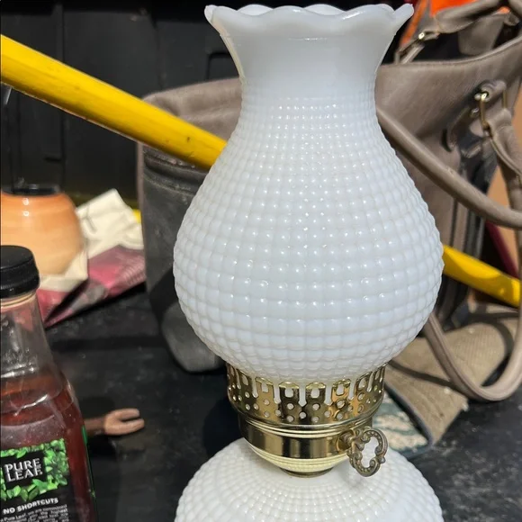 Classic White Hobnail Milk Glass Table Lamp with Brass Accents - Picture 3 of 3
